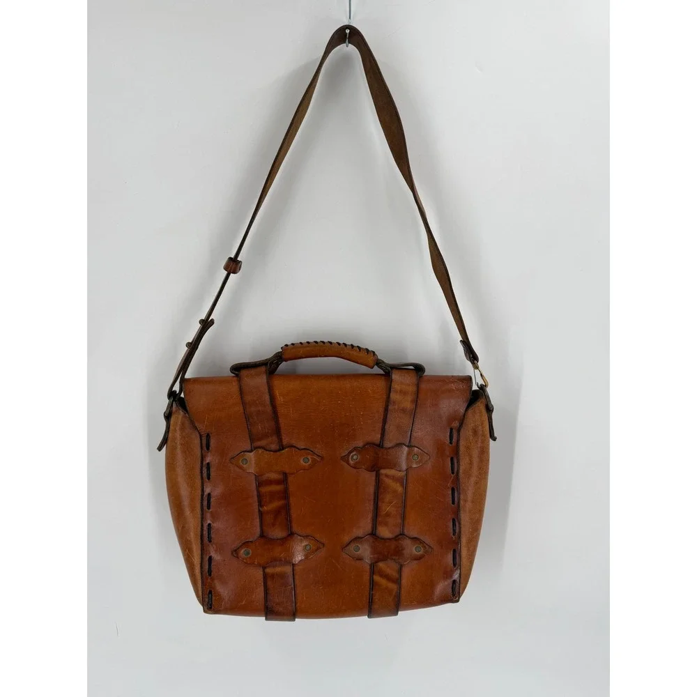 Handmade Leather Satchel Bag Unisex Medium Brown Western Boho Artisan Messenger